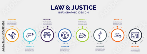 infographic for law & justice concept. vector infographic template with icons and 8 option or steps. included volatility, low energy, manufacture, pound sterling, gold ingot, depressed, no money,