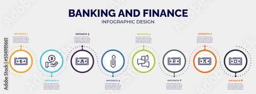 infographic for banking and finance concept. vector infographic template with icons and 8 option or steps. included low performance, rejected, spy, rich, charismatic, time mind, root directory,