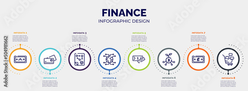 infographic for finance concept. vector infographic template with icons and 8 option or steps. included dollar, white paper, ticket window, approved, productivity, flowchart, speed test, checkbook