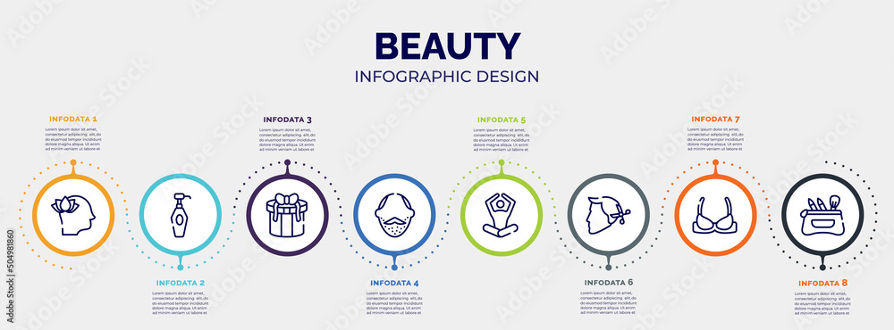 Fototapeta premium infographic for beauty concept. vector infographic template with icons and 8 option or steps. included mindfulness, lotion bottle, gift box with lace, face with stubble, meditation, hairstyle,