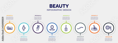infographic for beauty concept. vector infographic template with icons and 8 option or steps. included hand comb, luxury watch, manicure, powder and mirror, parfum bottle, eyebrow, physiotherapy,