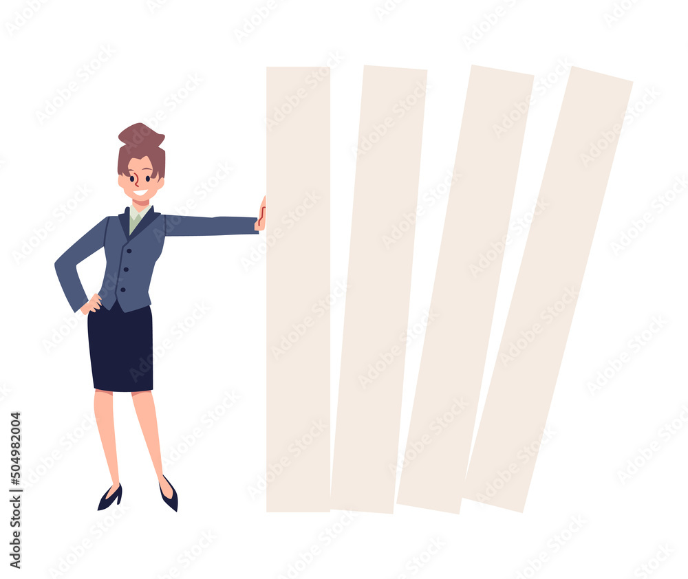 Confident business woman holding on dominoes, flat vector illustration isolated. Confident business woman holding on dominoes, flat vector illustration isolated.