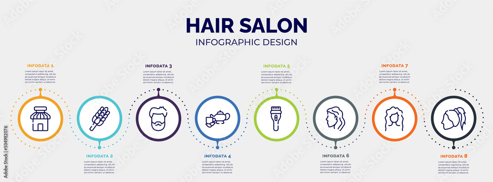 Fototapeta premium infographic for hair salon concept. vector infographic template with icons and 8 option or steps. included barber shop, whisk, male head hair and beard, herbal, clipper, woman head side view, wavy