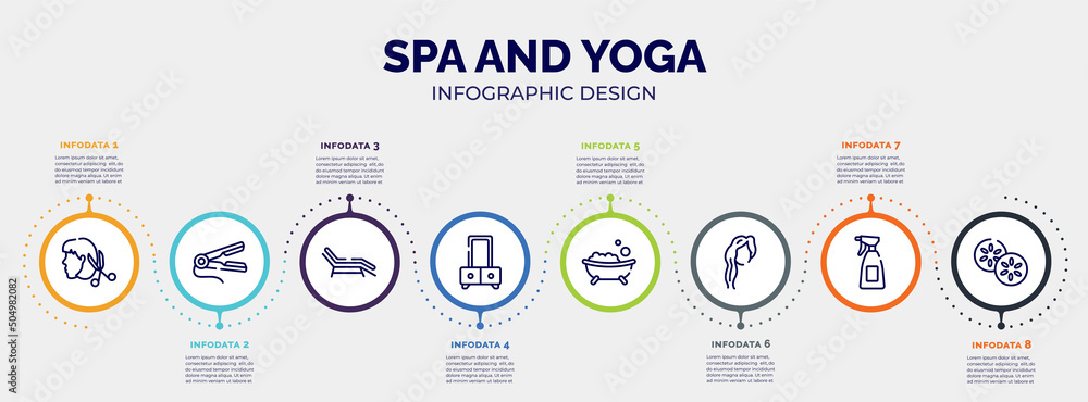 custom made wallpaper toronto digitalinfographic for spa and yoga concept. vector infographic template with icons and 8 option or steps. included heads hairs and scissors, hair straightener, sunbed, dressing table, bath salt bomb,