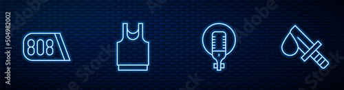 Set line Microphone, Drum machine music, Undershirt and Bloody knife. Glowing neon icon on brick wall. Vector