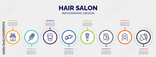infographic for hair salon concept. vector infographic template with icons and 8 option or steps. included barber shop, whisk, male head hair and beard, herbal, clipper, woman head side view, wavy