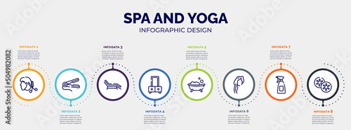 Wallpaper Mural infographic for spa and yoga concept. vector infographic template with icons and 8 option or steps. included heads hairs and scissors, hair straightener, sunbed, dressing table, bath salt bomb, Torontodigital.ca