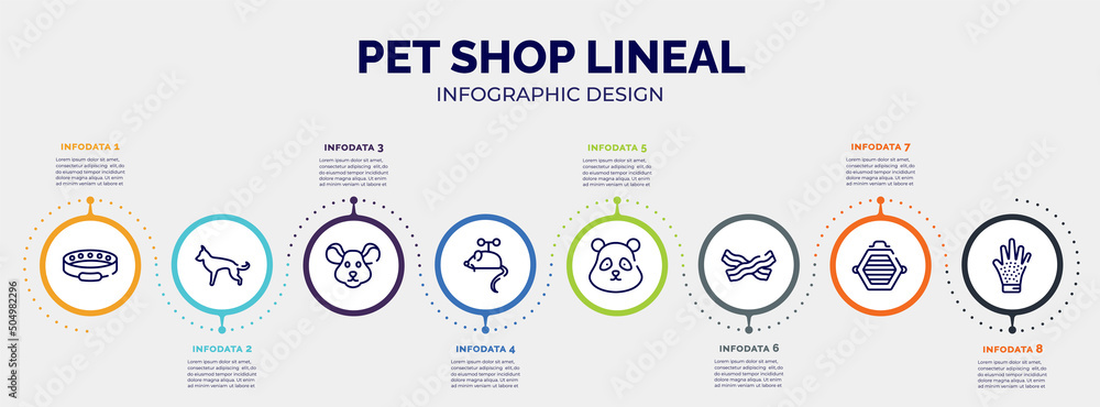 infographic for pet shop lineal concept. vector infographic template with icons and 8 option or steps. included cat collar, german shepherd, mouse head, toy mouse, panda bear head, null, cat box, - obrazy, fototapety, plakaty 
