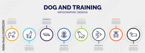 infographic for dog and training concept. vector infographic template with icons and 8 option or steps. included malamute, egyptian cat, snowshoe cat, null, pug, angelfish, asparagus beetle, bas