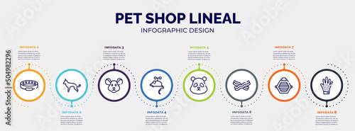 infographic for pet shop lineal concept. vector infographic template with icons and 8 option or steps. included cat collar, german shepherd, mouse head, toy mouse, panda bear head, null, cat box,
