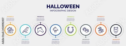 infographic for halloween concept. vector infographic template with icons and 8 option or steps. included pet hotel, bird of black feathers, horse head, hat for a jockey, horseshoe, dog paw, witch,