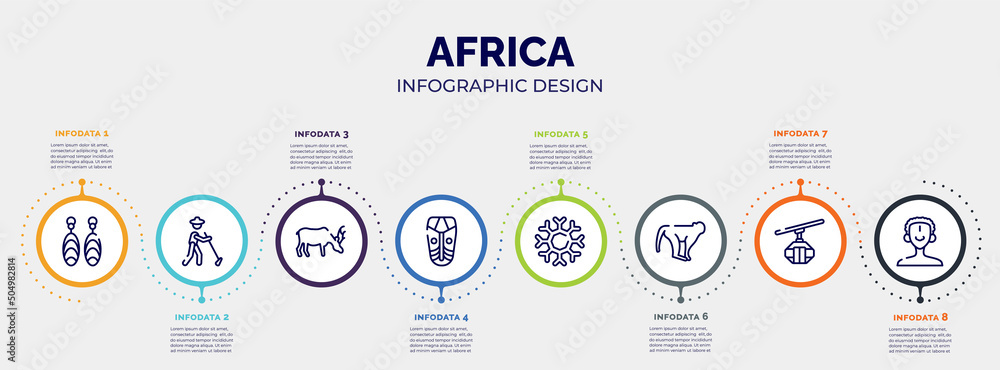 infographic for africa concept. vector infographic template with icons and 8 option or steps. included earrings, gardener, moose, african mask, snowflakes, monkeys, cable car cabin, african man infographic for africa concept. vector infographic template with icons and 8 option or steps. included earrings, gardener, moose, african mask, snowflakes, monkeys, cable car cabin, african man