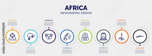 infographic for africa concept. vector infographic template with icons and 8 option or steps. included sphinx, snowing, koala, pyramid, ticket office, monument, cattail, rifle editable vector.