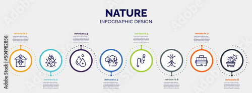 infographic for nature concept. vector infographic template with icons and 8 option or steps. included veterinary, ladybug, hydrotherapy, bush, teasing stick, stick insect, pet carrier, cactus