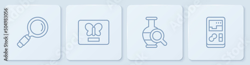 Set line Magnifying glass, Ancient amphorae, Butterfly frame and Portable video game console. White square button. Vector