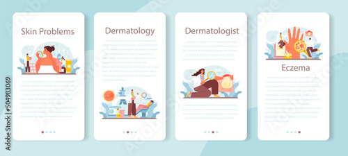 Dermatologist mobile application banner set. Dermatology, skin care specialist