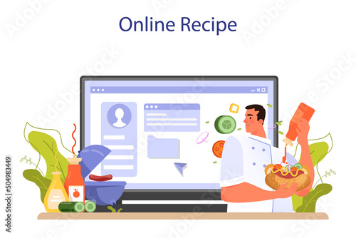 Hot dog online service or platform. Unhealthy fast food cooking