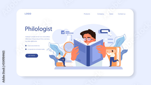 Philologist web banner or landing page. Scientific study of language