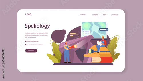 Speleologist web banner or landing page. Scientst exploring deep