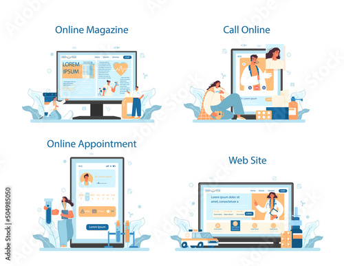 Therapist online service or platform set. Healthcare, medicine treatment
