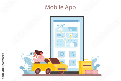 Travel agency online service or platform. Transfer, tourists transportation