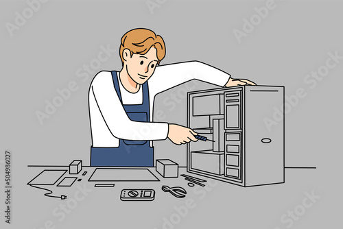 Technician repair computer hardware with screwdriver 