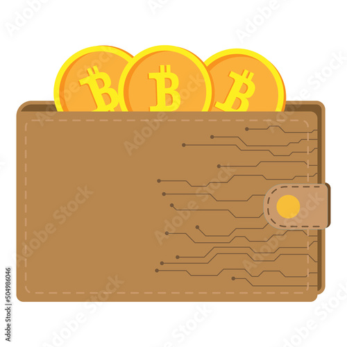 Illustration of a bitcoin wallet. A way to pay with digital money, The concept of cryptocurrency mining. Digital currency wallet. Flat style vector illustration
