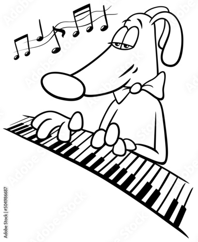 cartoon dog animal character playing the piano coloring page