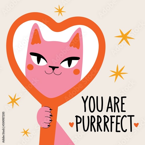 Vector illustration with pink cat looking in red heart shaped mirror. You are purrrfect lettering phrase. Trendy print design with text. Colored typography poster with domestic animal