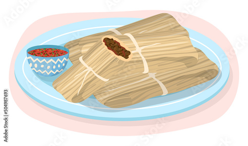 Tamale illustration. Mexican traditional cuisine, national street food.