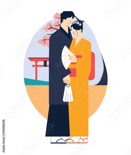 Happy asian family enjoying traditional festivities. Characters wearing
