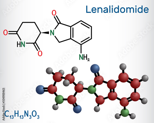 Lenalidomide molecule. It is immunomodulatory drug with antineoplastic, anti-angiogenic, anti-inflammatory properties. Structural chemical formula and molecule model.