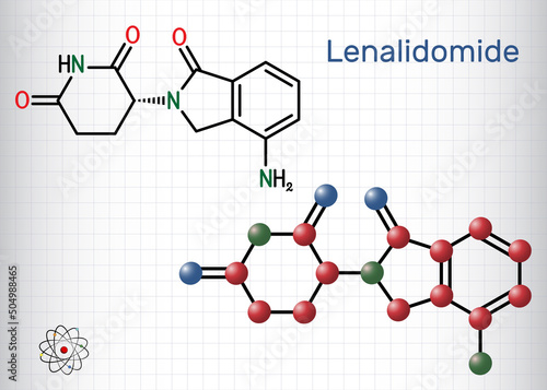 Lenalidomide molecule. It is immunomodulatory drug with antineoplastic, anti-angiogenic, anti-inflammatory properties. Skeletal chemical formula. Paper packaging for drugs