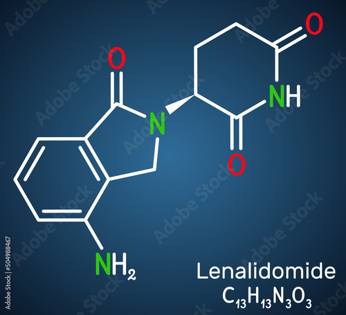 Lenalidomide molecule. It is immunomodulatory drug with antineoplastic, anti-angiogenic, anti-inflammatory properties. Structural chemical formula on the dark blue background.