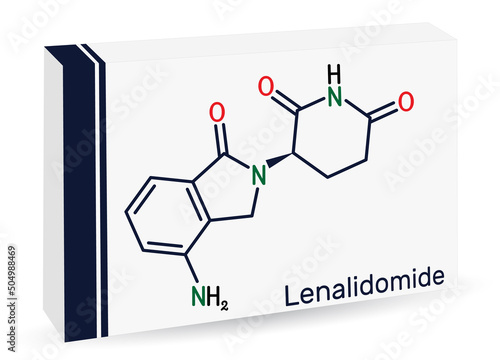 Lenalidomide molecule. It is immunomodulatory drug with antineoplastic, anti-angiogenic, anti-inflammatory properties. Skeletal chemical formula. Paper packaging for drugs.