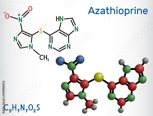 Azathioprine, AZA molecule. It is immunosuppressive agent, medication. Structural chemical formula and molecule model.