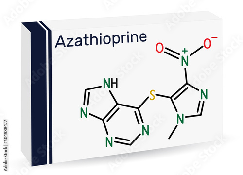 Azathioprine, AZA molecule. It is immunosuppressive agent, medication Skeletal chemical formula. Paper packaging for drugs. photo