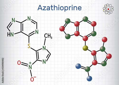 Azathioprine, AZA molecule. It is immunosuppressive agent, medication. Structural chemical formula and molecule model. Sheet of paper in a cage.