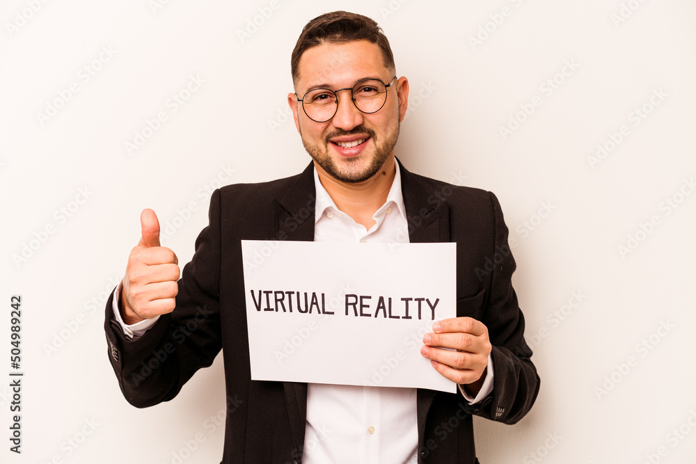 Hispanic business man holding a virtual reality placard isolated on white background Hispanic business man holding a virtual reality placard isolated on white background
