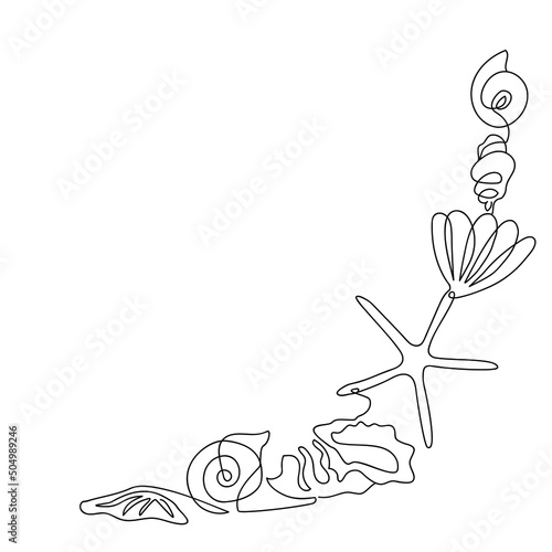 Collection of seashells and starfish drawn in one line. Corner element. Sketch. Continuous line drawing marine art. Vector illustration in minimal style.