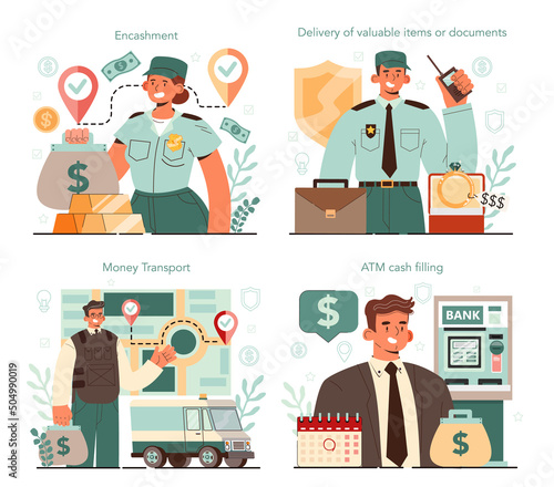 Encashment concept set. Armored cash truck security. Money or valuable