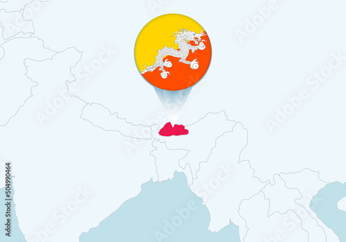 Asia with selected Bhutan map and Bhutan flag icon.