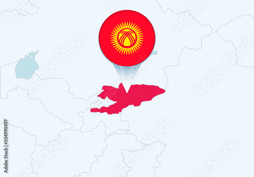 Asia with selected Kyrgyzstan map and Kyrgyzstan flag icon. photo