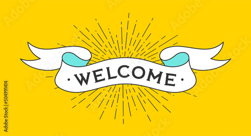 Welcome. Vintage ribbon with text Welcome. Colorful vintage banner with ribbon welcome and light rays, sunburst. Hand-drawn retro ribbon for banner, vintage poster, web. Vector Illustration