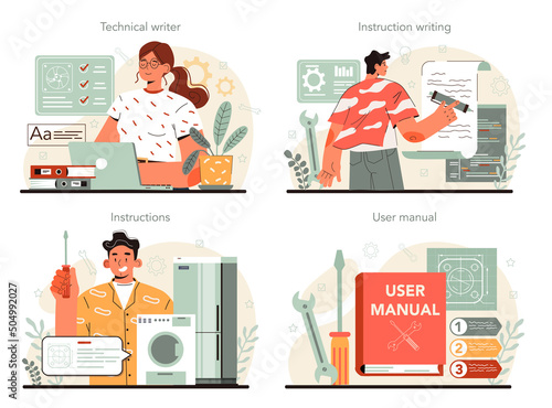 Technical writer concept set. User manual tutorial writing. Guidebook