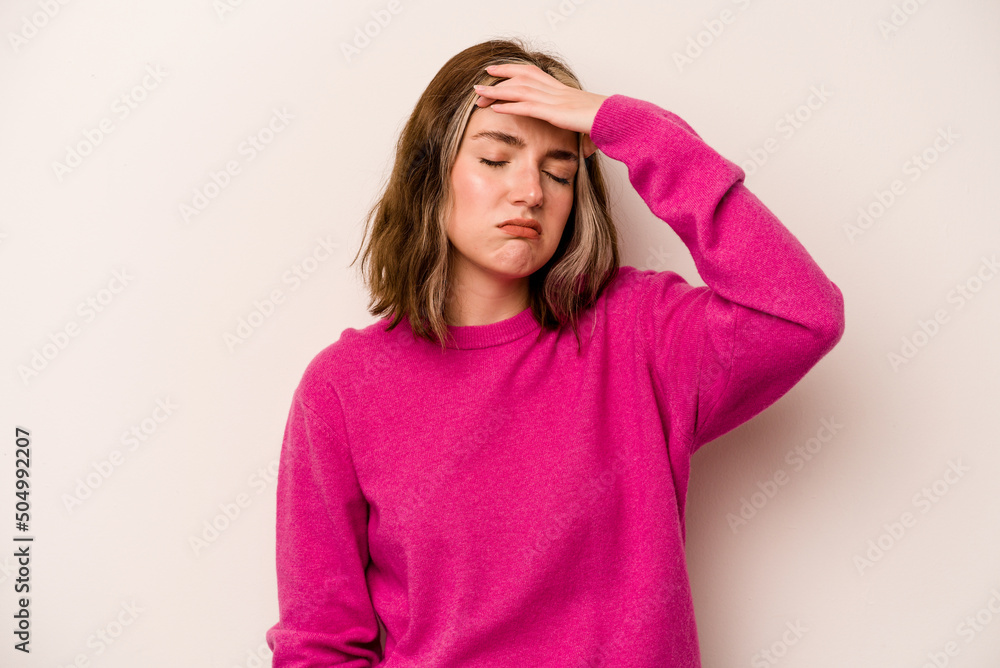 Young caucasian woman isolated on white background touching temples and having headache. Young caucasian woman isolated on white background touching temples and having headache.