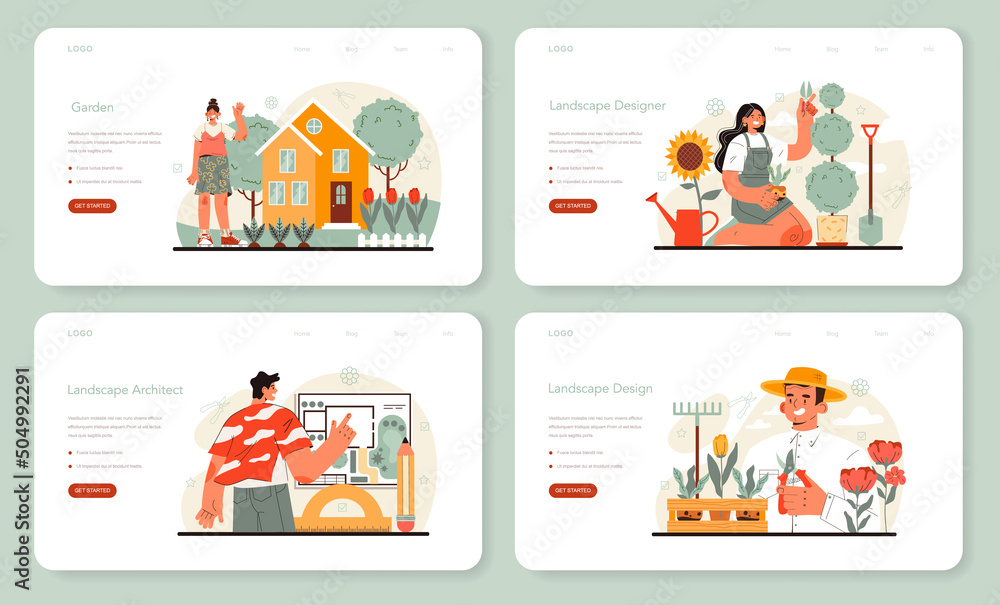 Landscape designer web banner or landing page set. Idea of gardening Landscape designer web banner or landing page set. Idea of gardening