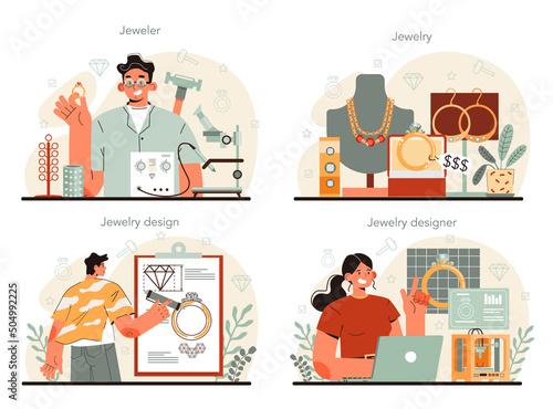 Jeweler concept set. Precious stones jewelry designer. Expensive
