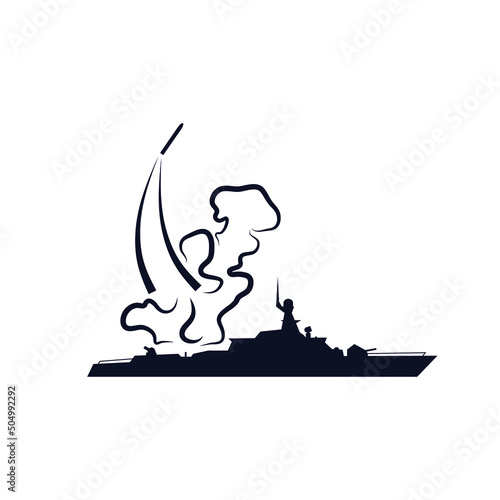 Warship cruiser icon logo sign Military navy emblem Launch of a combat missile Hand drawn Tech design style Fashion print for clothes cards picture educational poster banner background cover flyer ad