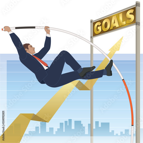 businessman pole vaulting over high goals with line graph, buildings and sky in background